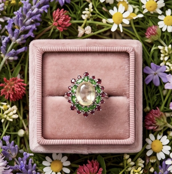 Victoria Authentic 12.7 carat Brazilian Citrine .925 Sterling Silver brilliantly dipped in rhodium handcrafted Statement ring; s. 8 1/4 - Top view of citrine ring in velvet box with floral background