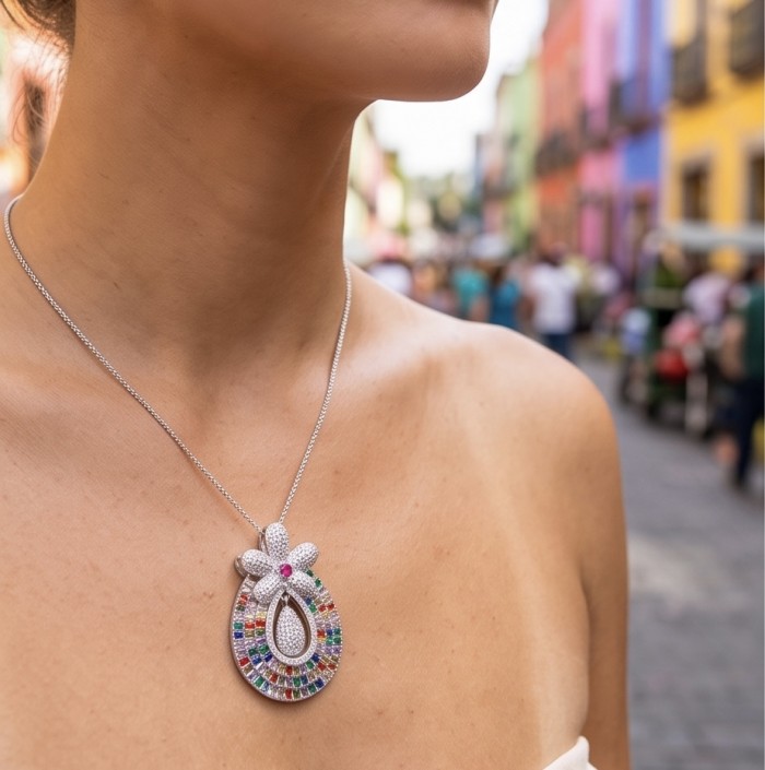 Julietta - Excellent quality 11.9 carat Multigem 18K Rose Gold over .925 Sterling Silver handcrafted Pendant - Necklace worn on neck, colorful multigem pendant in focus.