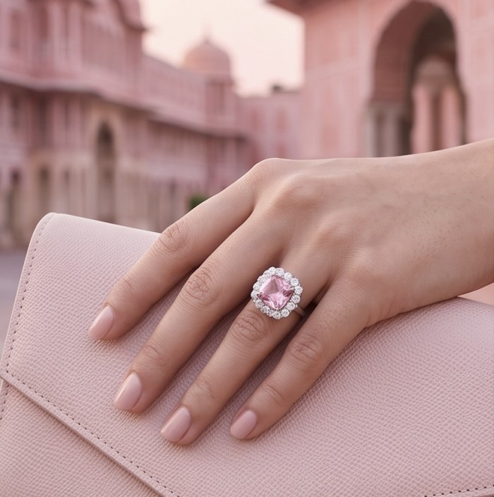 Tiffany - authentic princes cut 14.5 carat Pink Sapphire .925 Sterling Silver Handcrafted Statement Ring size 7 1/2 - Hand wearing Tiffany princess cut pink sapphire ring, holding a clutch