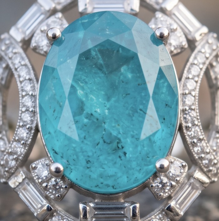 Elizabeth oval cut 11.8 carat Colombian Emerald .925 Sterling Silver dipped in Rhodium handcrafted Ring size 8 - Close-up of Elizabeth 11.8 ct Colombian Emerald in .925 silver setting.