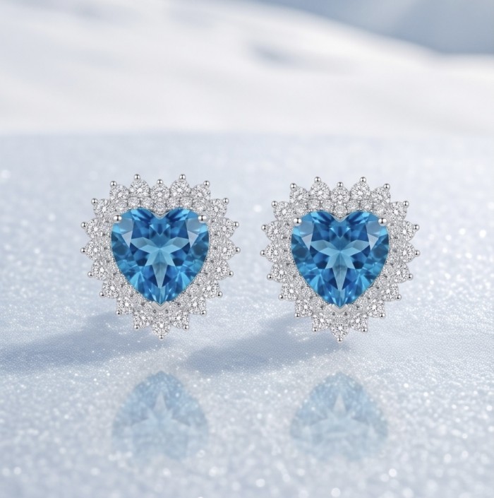 Heartes 6.7 carat Swiss Blue Topaz .925 Sterling Silver Handcrafted earrings - Front view of heart-shaped blue topaz earrings with silver setting
