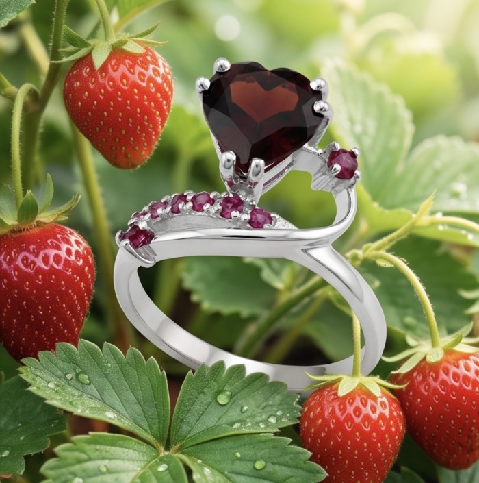 Red Heart 4.8 carat natural Garnet rhodium over .925 Sterling Silver Handcrafted Ring size 7 - Red garnet ring side view among strawberries and leaves