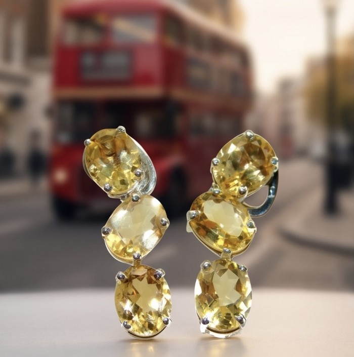 Victoria Authentic 15.5 carat Brazilian Citrine .925 Sterling Silver brilliantly handcrafted Statement earrings - Close-up of Victoria Citrine Earrings with London bus background