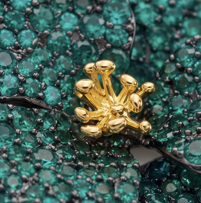 Retro Style - Precious Rose Genuine 24.2 carat Colombian Emerald black rhodium over .925 Sterling Silver handmade Pendant - Brooch - Stone close-up of Retro Style - Precious Rose jewelry with gold accents
