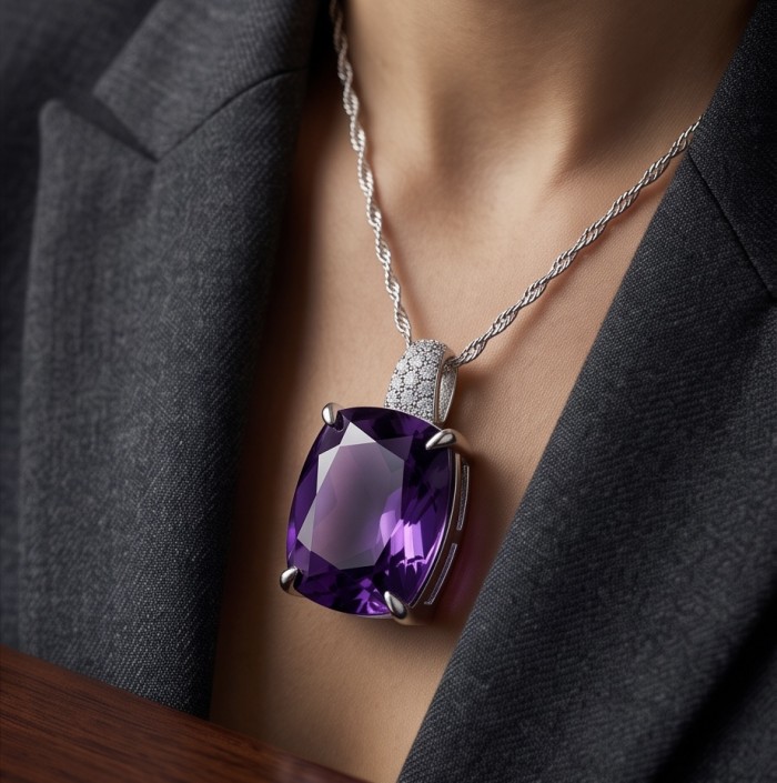 Classic design baquette cut 22.5 carat African Amethyst .925 Sterling Silver dipped in rhodium handcrafted necklace - Close-up of amethyst pendant necklace worn, highlighting the gemstone