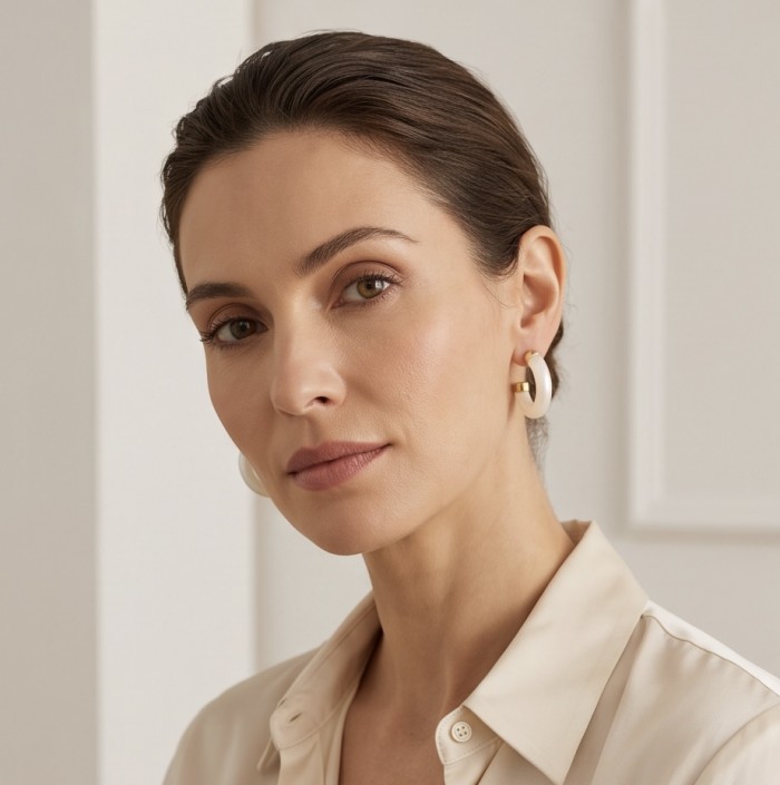 Top quality Sublime Blister Pearl 22K Gold over .925 Sterling Silver handcrafted Earrings - Side view of pearl and gold earrings worn by a model.