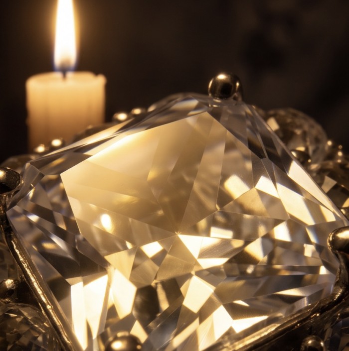 Princess cut 8.4 carat White Topaz rhodium over .925 Silver handcrafted Cocktail Ring s. 7 1/4 - Close-up of 8.4 carat princess cut white topaz with candlelight reflection