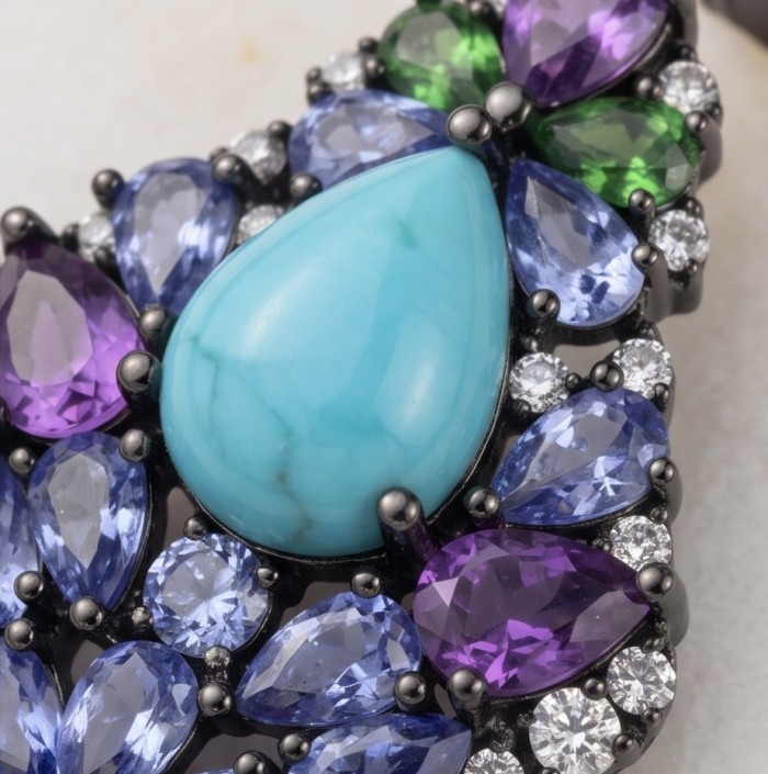 Discover the captivating allure of Genuine Caribbean Larimar black rhodium over .925 Sterling Silver STATEMENT earrings - Stone close-up of vibrant Larimar with amethyst and crystals.