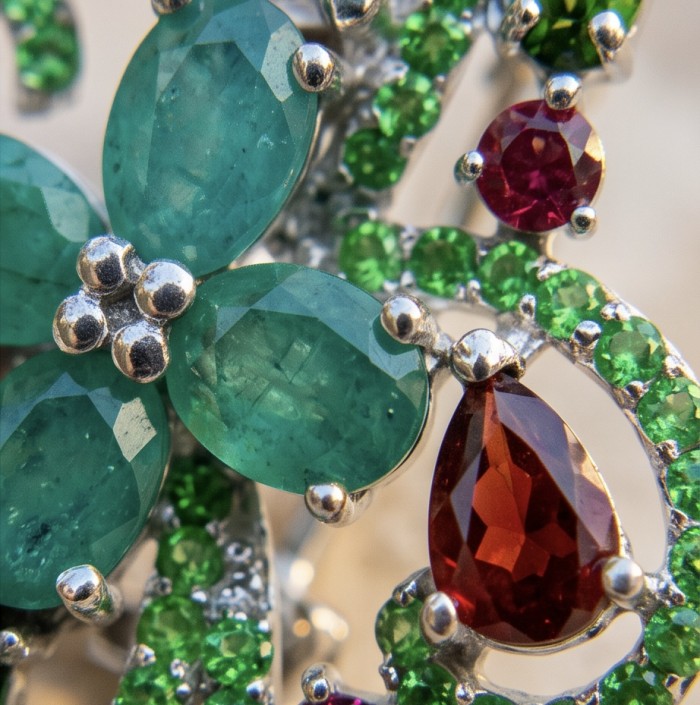 Valentina 12.2 carat Colombian Emerald .925 Sterling Silver dipped in rhodium Statement handcrafted earrings - Close-up of Valentina 12.2 carat Colombian Emerald in sterling silver.