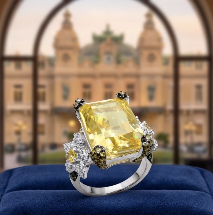 Real Art! - Luxurious bauqette cut 21.9 carat Yellow Sapphire .925 Sterling Silver rhodium over handcrafted Ring s. 8 1/4 - Close-up of 21.9 carat yellow sapphire ring on blue velvet display.