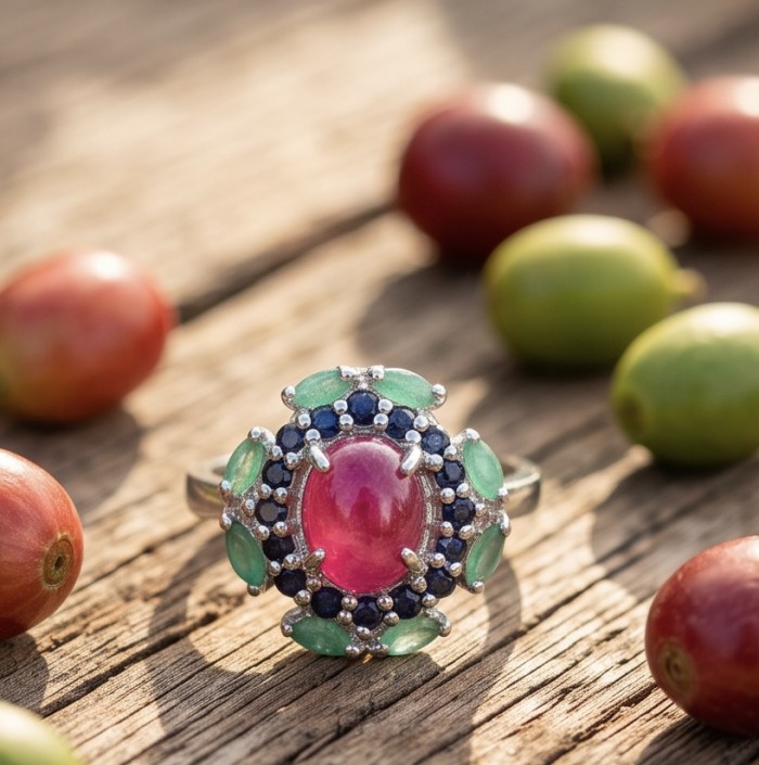 Scarlett 7.7 ctw Mozambique Ruby .925 Sterling Silver handcrafted Statement Ring size 8 - Scarlett Mozambique Ruby ring close-up on wood with colorful berries.