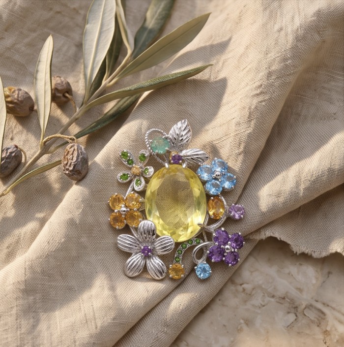 Timeless Beauty genuine 45.2 CARAT Lemon Topaz .925 dipped in Rhodium Sterling Silver handmade Pendant Brooch - Floral brooch with 45.2 carat lemon topaz, detailed front view.