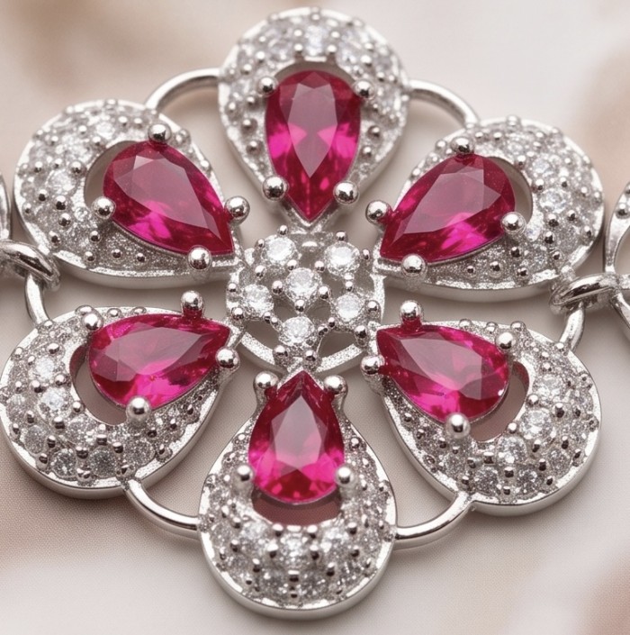 Izabella Luxurious natural 7.5 carat Ruby rhodium over .925 Sterling Silver handmade Bracelet - Stone close-up of Izabella Luxurious 7.5 carat Ruby on rhodium over .925