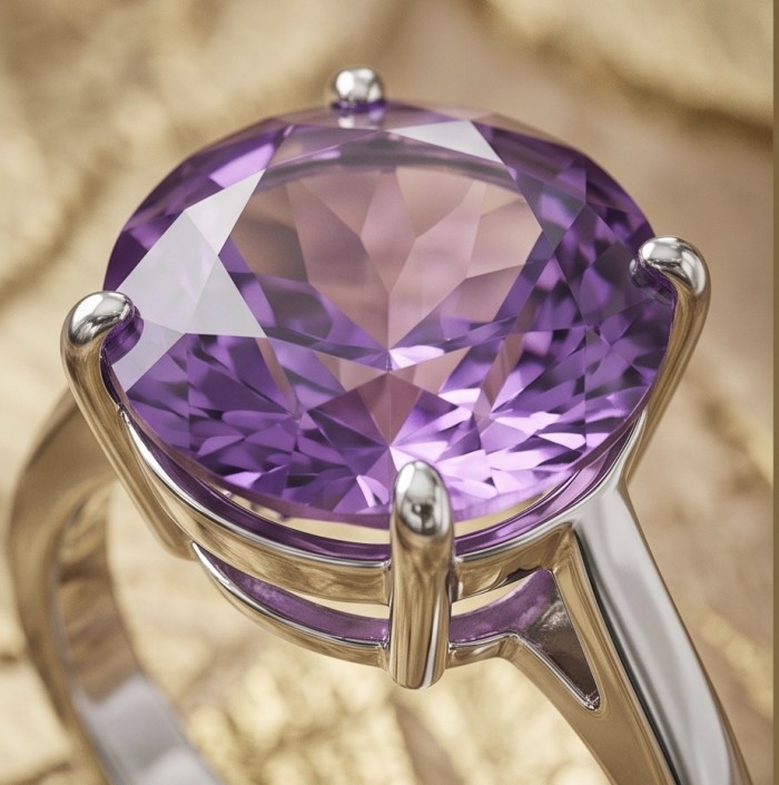 Born to Glam 10.2 carat natural Amethyst .925 Sterling Silver dipped in rhodium Perfectly handcrafted Ring s. 6 - Stone close-up of 10.2 carat amethyst in .925 sterling silver ring.