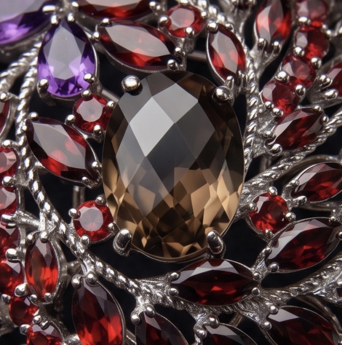 Mademoiselle - Vintage Design 32.4 CARAT Smoky Topaz Brazilian Granet rhodium over .925 Sterling Silver handcrafted Pendant & Brooch - Close-up of smoky topaz surrounded by red and purple gemstones