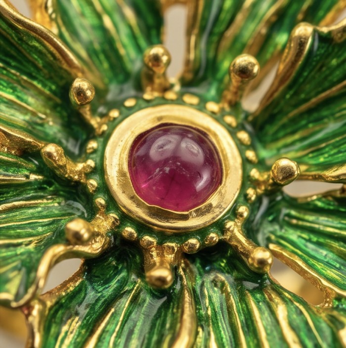 Blooming Garden Genuine 3.5 carat Kashmir Ruby Green Enamel .925 Sterling Silver dipped in 22K Gold Large Statement Ring size 6 3/4 - Close-up of Blooming Garden Kashmir Ruby with green enamel detailing.