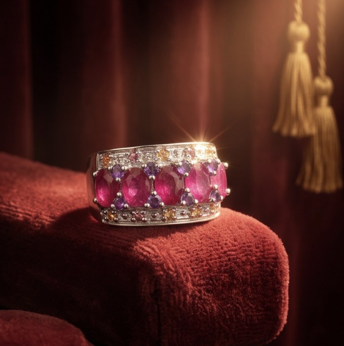 Scarlett 6.8 ctw Mozambique Ruby .925 Sterling Silver handcrafted Statement Ring size 8 1/4 - Scarlett 6.8 ctw Mozambique Ruby ring, side view on plush fabric.