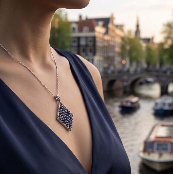 Vintage Beauty 9.7 carat Mozambique Sapphire Black Rhodium over .925 Sterling Silver handcrafted pendant - Sapphire pendant worn on neck with canal backdrop.