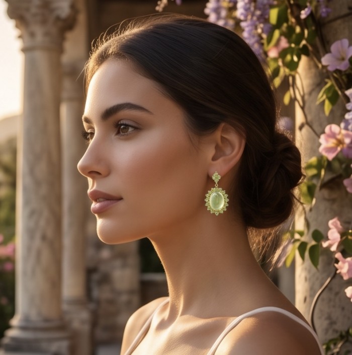 Wise Bliss Authentic 10.5 carat Prehnite 3.2 carat Peridot 22k Gold over .925 Sterling Silver handmade earrings - Woman wearing Wise Bliss 10.5 ct Prehnite earrings, side view.