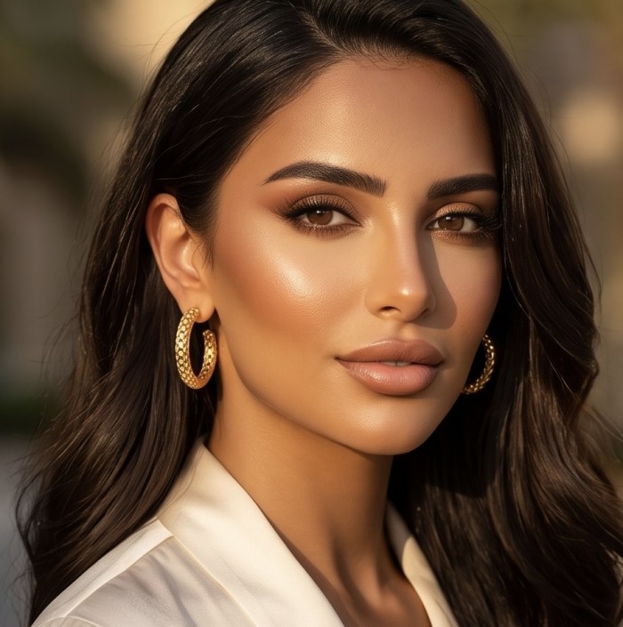 Black Label Collection - Dubai Style - Natural 22K Gold over .925 Sterling Silver handmade earrings - Model wearing Dubai Style earrings, natural 22K gold, close-up view.