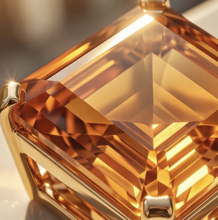 Luxury genuine Fancy asscher cut 29.5 CARAT Champagne Topaz 22K Gold over .925 Sterling Silver handmade Pendant - Close-up of luxury Asscher cut 29.5 carat champagne gemstone.
