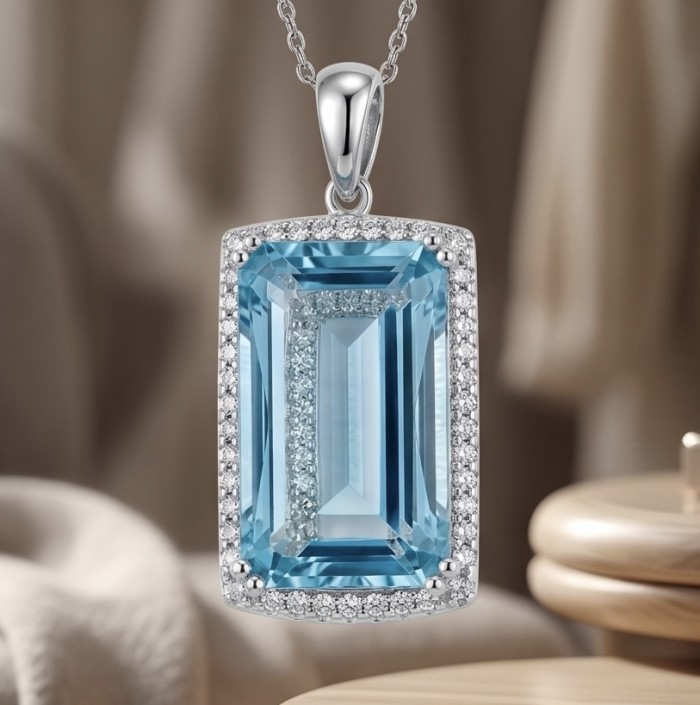 Angelina 10.9 carat authentic Aquamarine .925 Sterling Silver Handcrafted pendant - Aquamarine pendant close-up on .925 Sterling Silver chain.