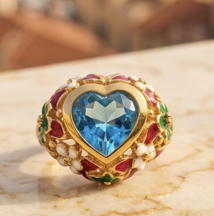 ANGEL'S HEART 6.8 carat Swiss Blue Topaz ENAMEL .925 Sterling Silver dipped in 22K Gold handcrafted ring size 7 1/2 - Close-up of ANGEL'S HEART ring with blue heart-shaped topaz stone