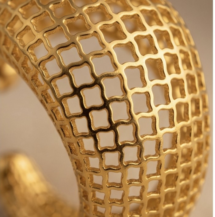 Dubai Style .925 Sterling Silver dipped in 22K Gold handmade Earrings - Close-up of gold mesh texture on Dubai style silver bracelet