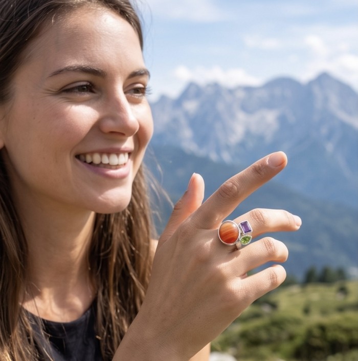 Orange Power natural Carnelian rhodium over .925 Sterling Silver handmade ring s. 7 adjustable - Ring with orange carnelian worn on hand, mountain background.