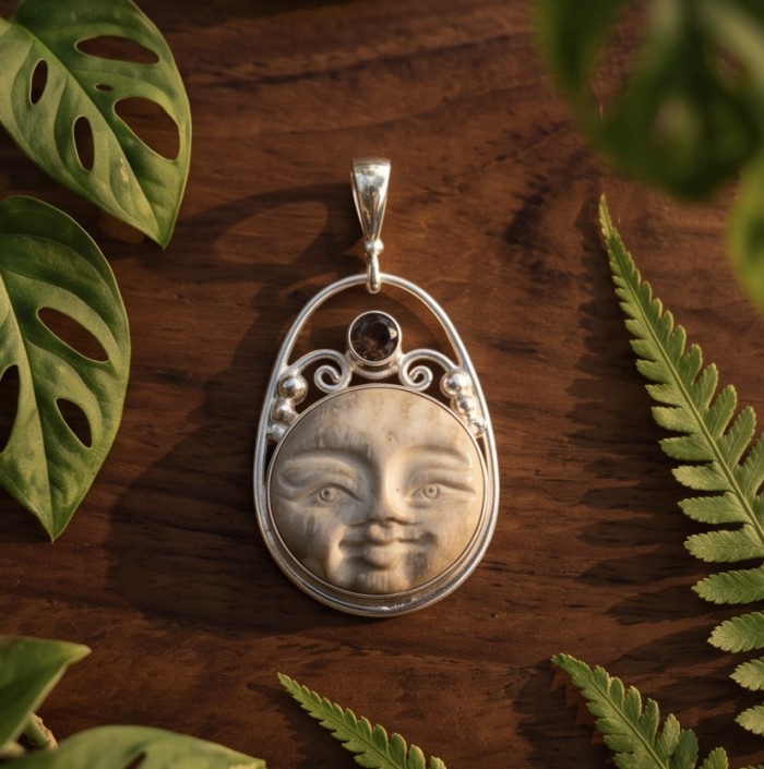 Moonface Carved Ox Bone Silver Pendant - photo 2