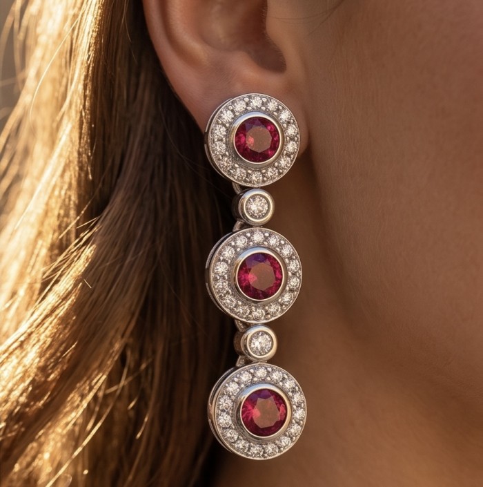 Serenade authentic 7.5 carat Brazilian Pink Topaz rhodium over .925 Sterling Silver handcrafted Earrings - Close-up of Serenade 7.5 carat Brazilian Pink Topaz earrings worn on ear.