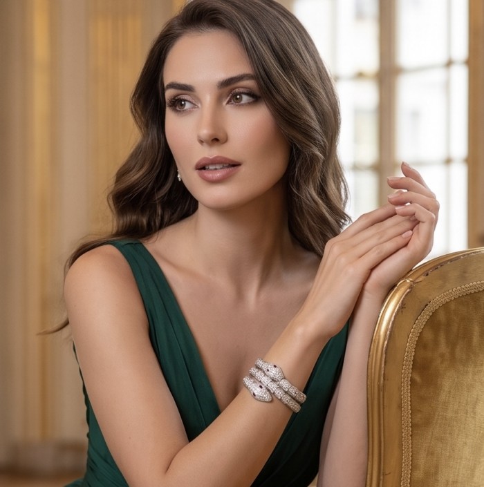SERPENTINE Precious Snake Genuine 22.2 Moissanite 925 Sterling Silver handcrafted Bracelet - Model wearing SERPENTINE Moissanite snake bracelet on wrist.