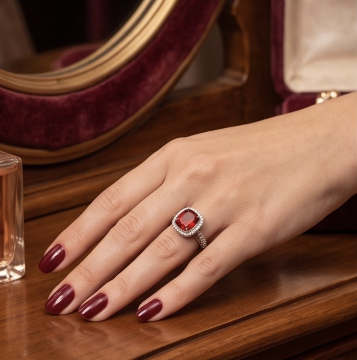Exquisite 6.5 ctw Ruby .925 Sterling Silver handcrafted Statement Ring size 7 1/2 - Ruby ring on hand, showcasing stone and setting detail.