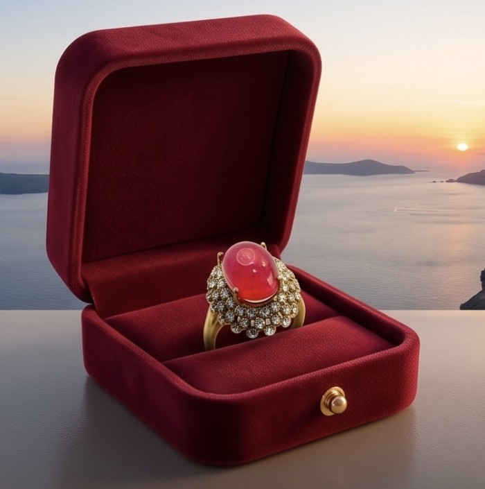 Scarlett 8.7 ctw Mozambique Ruby .925 Sterling Silver DIPPED IN 22k GOLD handcrafted Statement Ring size 8 - Ruby ring in red box with ocean sunset background.