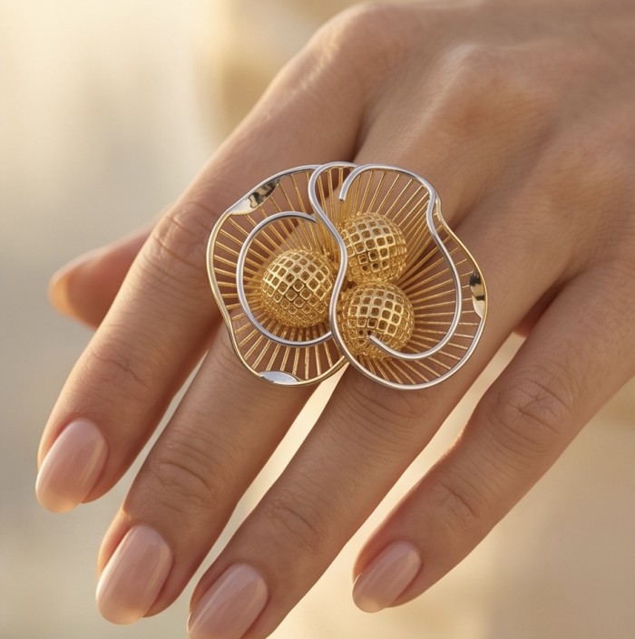 GOLDEN ROSE - Dubai Style - .925 Sterling Silver dipped in 22K Gold handmade Large ring size 7 - Gold ring with intricate design, worn on hand, close-up view.