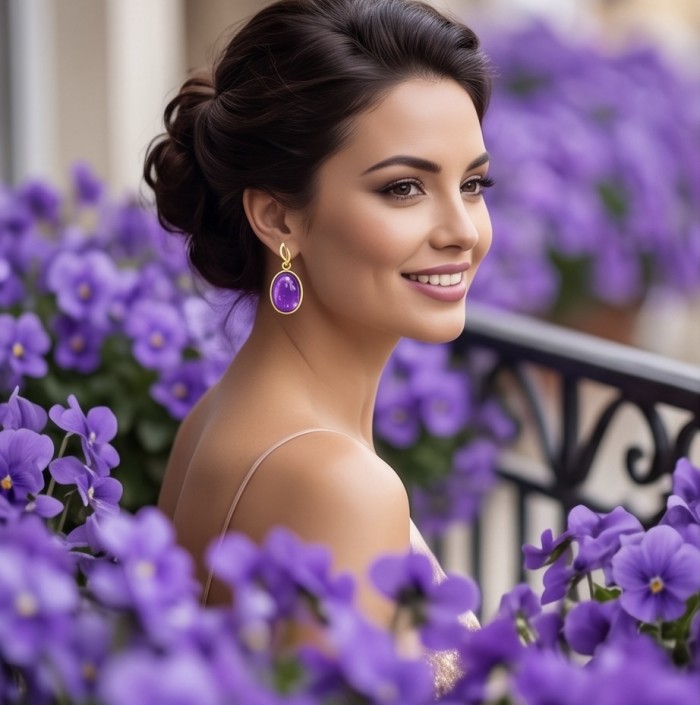Lavender Beauty authentic 18.2 carat Amethyst 14K Gold over .925 Sterling Silver handcrafted earrings - Side view of woman wearing Lavender Beauty amethyst earrings in flowers.