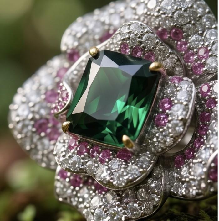 Rose Authentic 4.8 carat Emerald 1.9 carat pave Kasmir Ruby .925 Sterling Silver brilliantly dipped in rhodium 2 tones handcrafted Statement ring; s. 6 - Emerald and ruby flower ring close-up with diamond accents