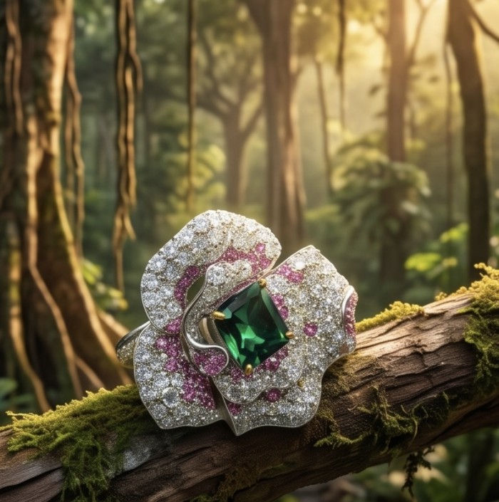 Rose Authentic 4.8 carat Emerald 1.9 carat pave Kasmir Ruby .925 Sterling Silver brilliantly dipped in rhodium 2 tones handcrafted Statement ring; s. 6 - Ornate ring with emerald and ruby stones on a forest backdrop.