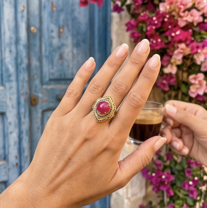 Opera Genuine 28.5 CARAT Mozambique Ruby 22K Gold over .925 Sterling Silver Large Statement Ring size 7 - Ruby ring in 22K gold worn on hand with coffee and flowers in background.