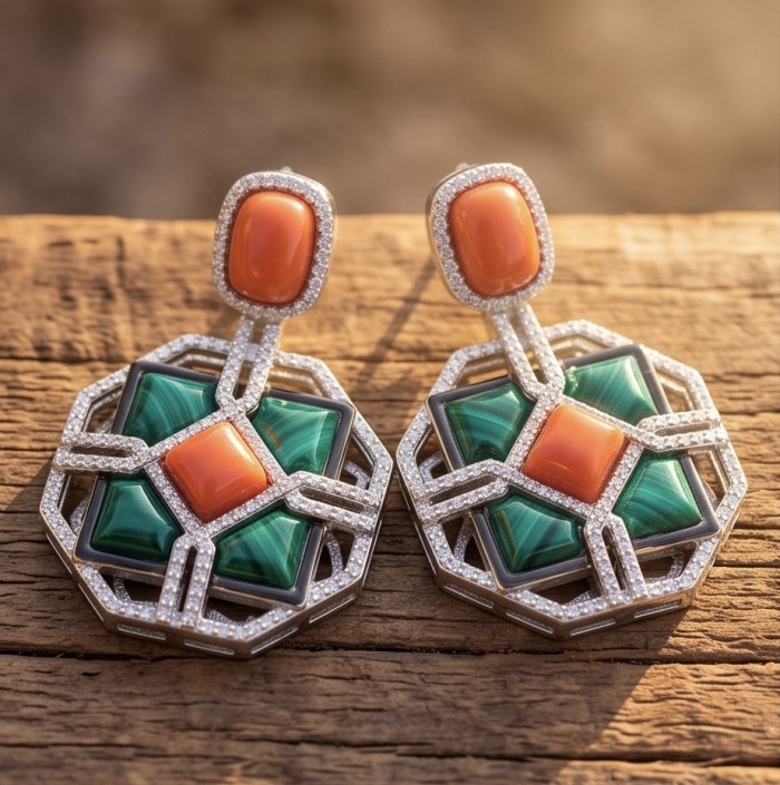 Art Deco Genuine Orange Fossilized Coral inlay Malachite rhodium over .925 Sterling Silver handmade earrings - Art Deco earrings, top view, with orange coral and green malachite inlay.