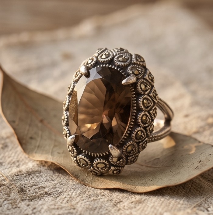 Serenity 19.5 carat Champagne Smoky Topaz rhodium over .925 Sterling Silver HUGE Ring size 8 - Smoky topaz ring close-up with intricate rhodium detailing