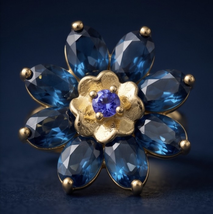 Magic Flower petal 10.8 carat authentic London Blue Topaz 0.2 carat Tanzanite 22k Gold over.925 Sterling Silver handmade Statement Ring size 7 - Stone close-up of Magic Flower ring with blue topaz petals