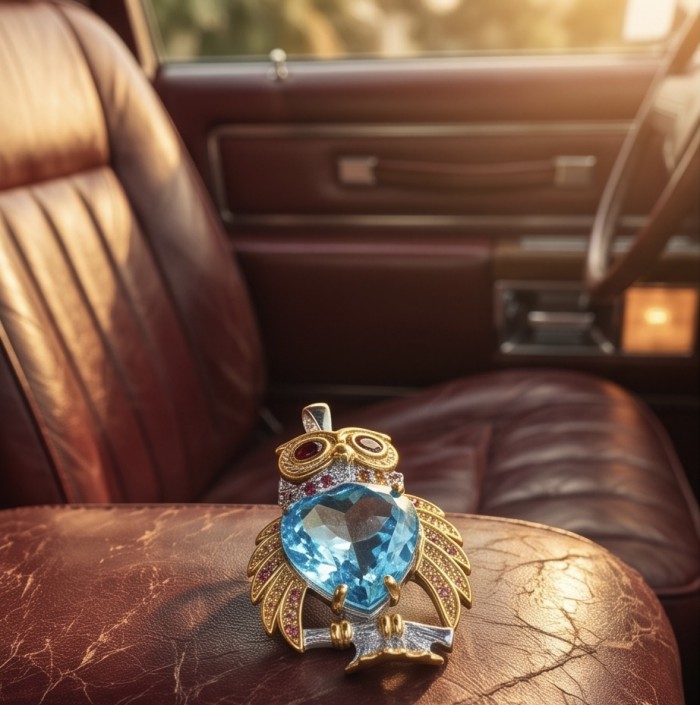 Authentic 17.4 carat Swiss Blue Topaz Owl 18K Gold over .925 Sterling Silver handmade Pendant - Close-up of owl pendant with blue topaz on vintage car seat.