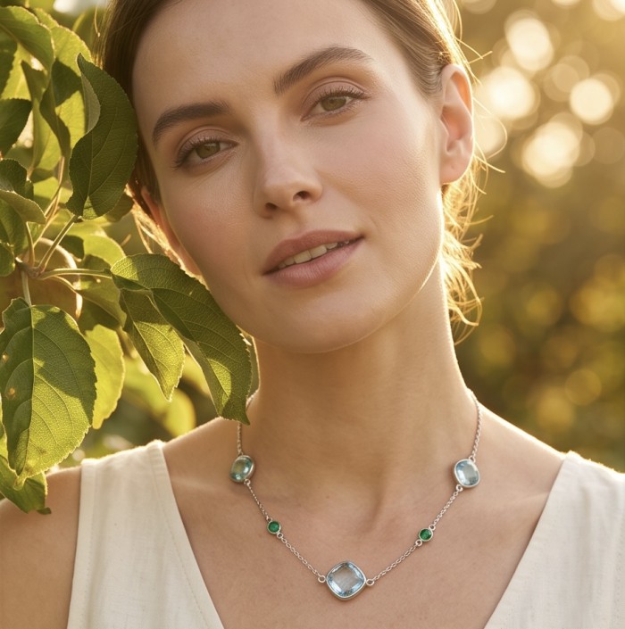 Infinity 11.5 carat Authentic Multigems Rhodium over .925 Sterling Silver handcrafted Statement necklace - Woman wearing Infinity Multigems necklace, close-up, outdoor setting.