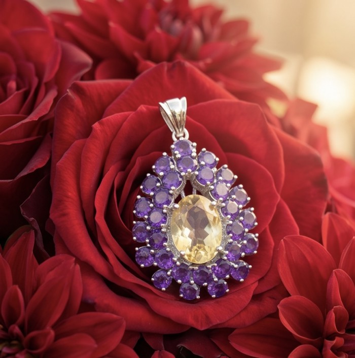 Timeless Beauty genuine 29.2 CARAT Citrine Amethyst .925 dipped in Rhodium Sterling Silver handmade Pendant - photo 4