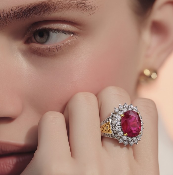 Scarlett 14.7 ctw Mozambique Ruby .925 Sterling Silver DIPPED IN 22k GOLD handcrafted Statement Solid Ring size 7 - Ruby ring close-up, worn on hand, with diamond accents.
