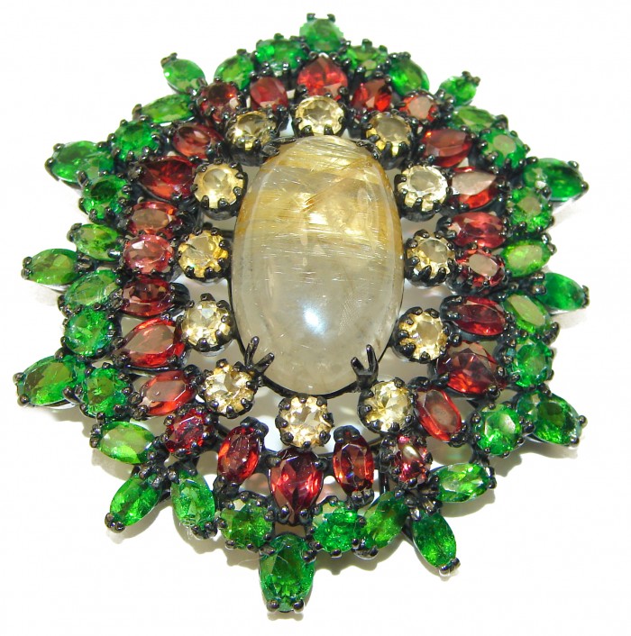 Genuine Golden Rutilated Quartz black rhodium over .925 Sterling Silver handmade Pendant - Brooch - photo 1