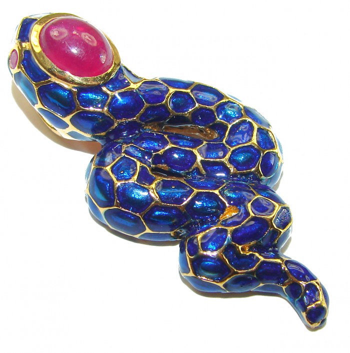 INCREDIBLE Natural Ruby Enamel Snake 14K Gold over .925 Sterling Silver Pendant - photo 1