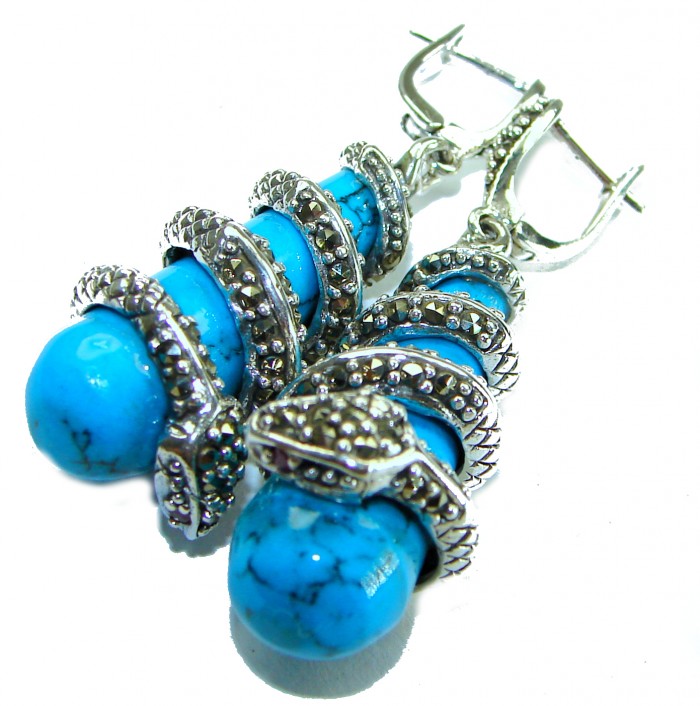 Boa Snakes Turquoise Marcasite .925 Sterling Silver handcrafted Earrings - photo 3