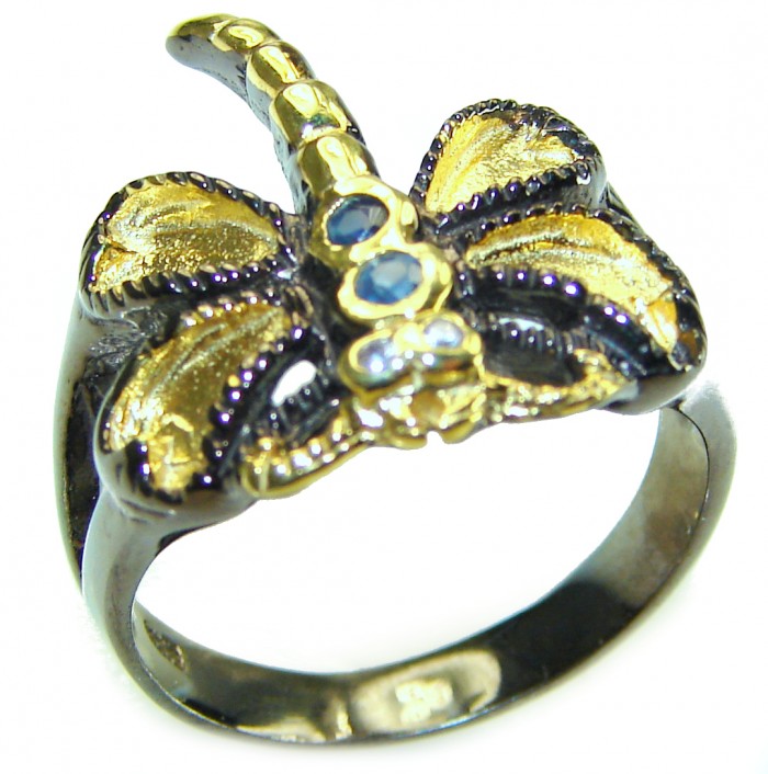 Green Butterfly Genuine Amethyst black rhodium over 14K Gold over .925 Sterling Silver handmade Ring size 6 3/4 - photo 3